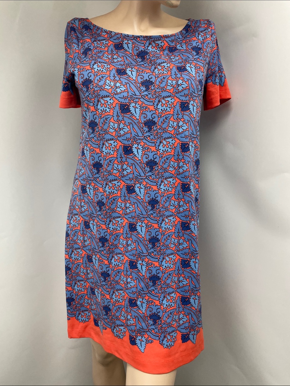 Tory Burch Blue and Coral Paisley Short Sleeve Shift Dress, Size M